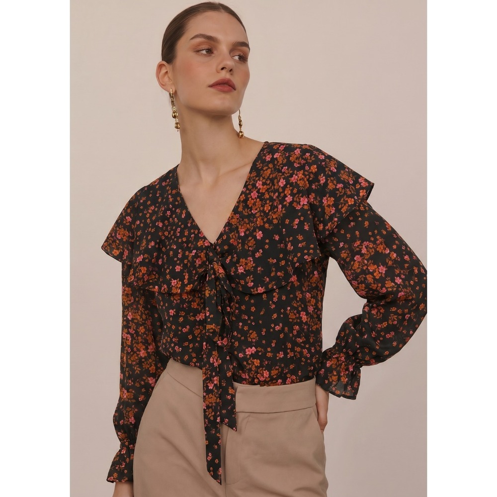 Topshop Womens Ruffle Long Sleeve Blouse Red Orange Pink Floral Print Size 6